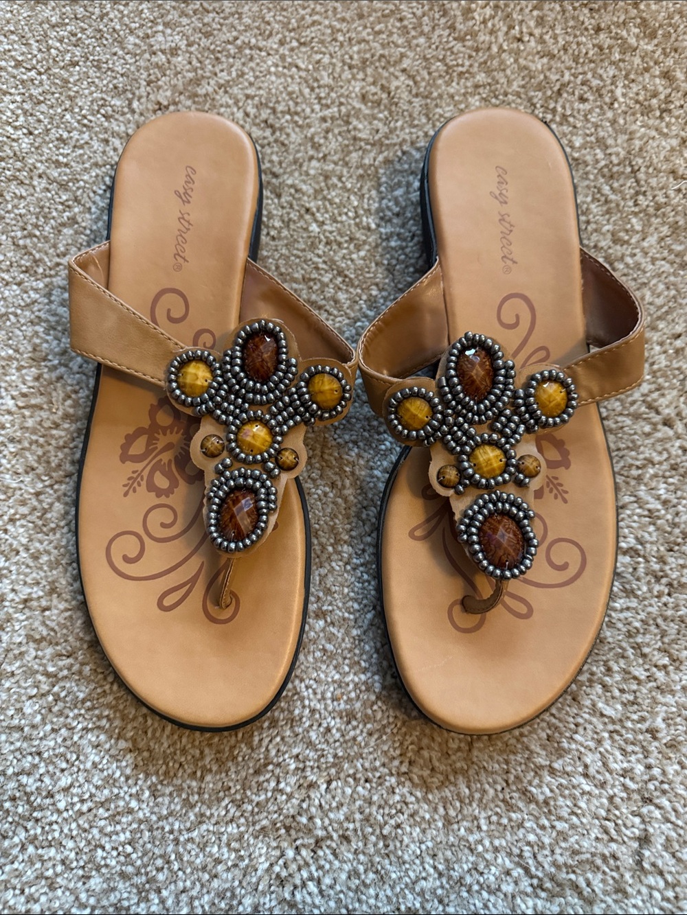 easy street Tan Beaded Thong Sandals